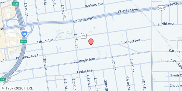 Map showing Cleveland Neighborhood Development Corporation - Food Distribution Center at 3751 Prospect Ave E, Cleveland, OH