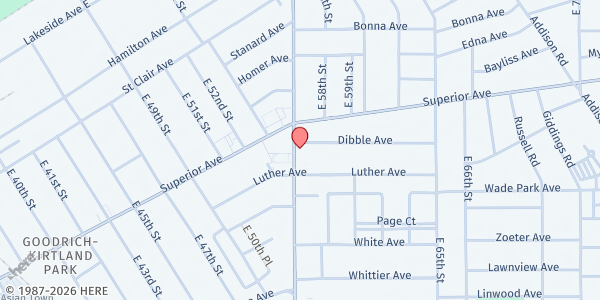 Map showing Corinthian Baptist Church - Food Distribution Center at 1543 E 55th St, Cleveland, OH