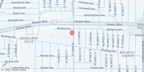 Map showing Delta Alpha Lambda Foundation Pantry at 2820 E 116th St, Cleveland, OH