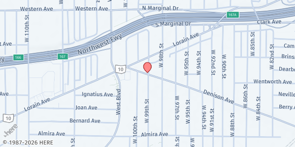 Map showing Denison Avenue United Church of Christ at 9900 Denison Ave, Cleveland, OH