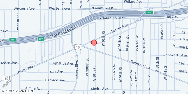 Map showing Denison Avenue United Church of Christ - Food Distribution Center at 9900 Denison Ave, Cleveland, OH