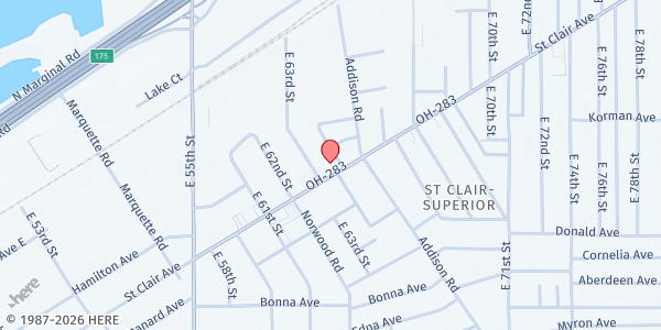 Map showing East 64th & St. Clair at 6321 St. Clair Ave., Cleveland, OH