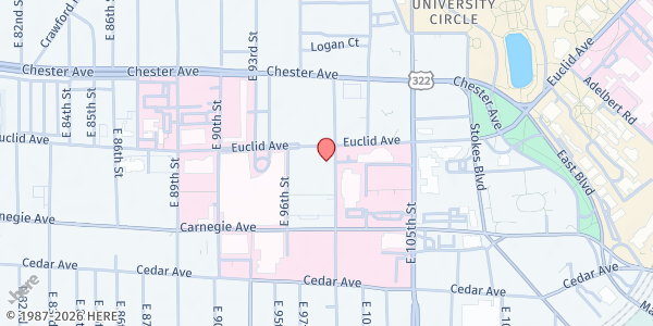 Map showing East Mount Zion Baptist Church - Food Distribution Center at 9990 Euclid Ave, Cleveland, OH