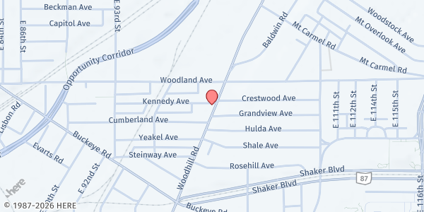 Map showing God's House of Prayer at 2632 Woodhill Rd, Cleveland, OH