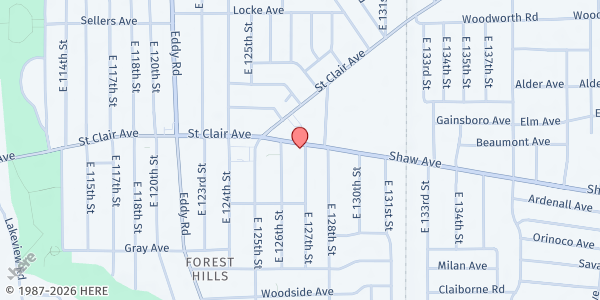 Map showing Helping Hands Development Corporation at 12618 Shaw Ave, Cleveland, OH