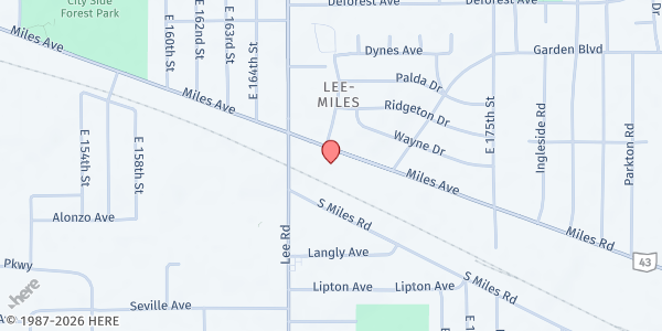 Map showing Lee Miles Hunger Center - Food Distribution Center at 16718 Miles Ave, Cleveland, OH