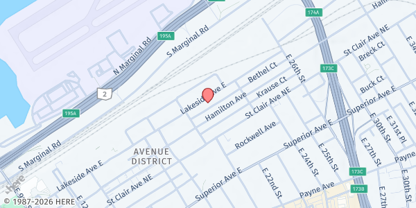 Map showing Manna Food From Heaven Ministries - 2100 Lakeside at 2100 Lakeside, Cleveland, OH