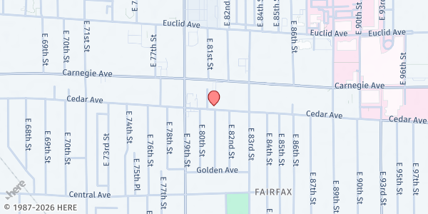 Map showing Manna House Recovery & Resource Center at 8021 Cedar Ave, Cleveland, OH