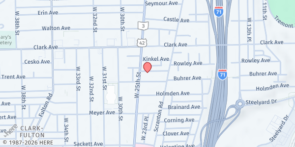 Map showing Mega Church Resource Center Food Pantry at 2401 Prame Ave, Cleveland, OH