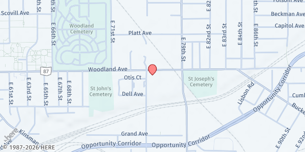 Map showing Mt. Sinai Baptist Church at 7510 Woodland Ave, Cleveland, OH