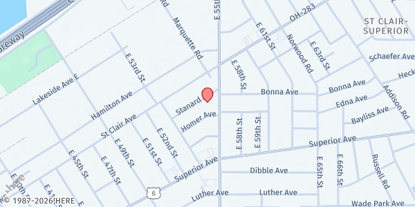 Map showing NORA Northern Ohio Recovery - Mobile Pantry at 1400 E 55th St, Cleveland, OH