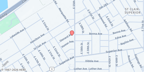 Map showing Northern Ohio Recovery Association - Pantry at 1400 E 55th St, Cleveland, OH