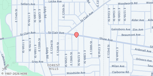 Map showing Philemon Community Baptist Church - Food Distribution Center at 12618 Shaw Ave, Cleveland, OH