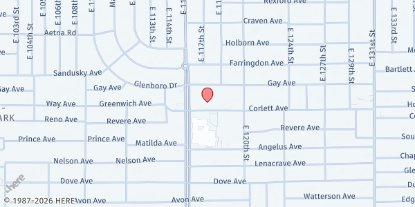 Map showing Philippi Missionary Baptist Church at 11703 Corlett Avenue, Cleveland, OH