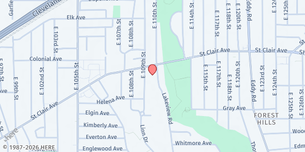 Map showing Saint Aloysius Church - Food Distribution Center at 10932 St Clair Ave., Cleveland, OH