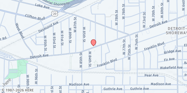 Map showing Saint Vincent DePaul at Community Corner Food Center at 8302 Detroit Ave, Cleveland, OH