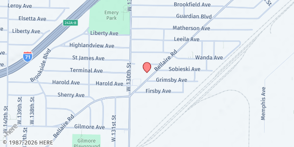 Map showing Somali Bantu Community Cooperation of Cleveland - Pantry at 12808 Bellaire RD, Cleveland, OH