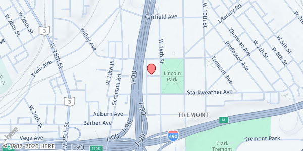 Map showing St. Augustine Hunger Center at 1400 Howard Ave, Cleveland, OH