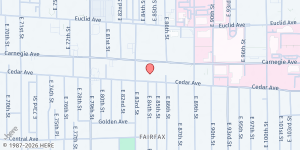 Map showing St. James Food Closet at 8401 Cedar Ave, Cleveland, OH