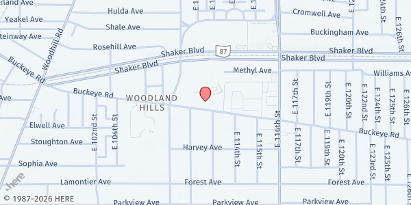 Map showing St. Mark's Baptist Church at 11123 Buckeye Rd, Cleveland, OH