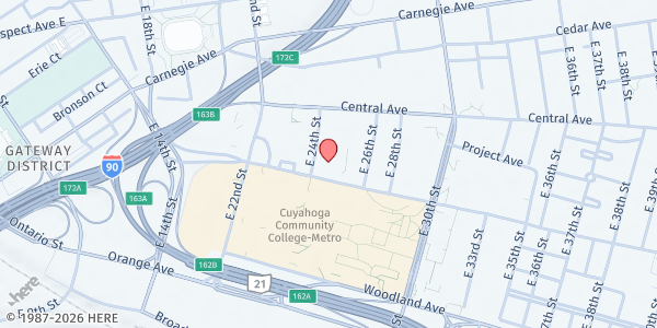 Map showing St. Vincent Charity Med Ctr FAM MP - 2421 Community College Ave at 2421 Community College Ave, Cleveland, OH