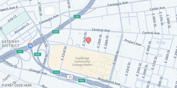 Map showing St. Vincent Charity Med Ctr FAM MP at 2421 Community College Ave, Cleveland, OH