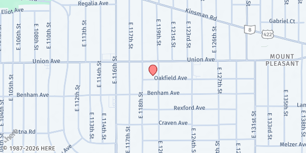 Map showing Thea Bowman Center at 11901 Oakfield Ave, Cleveland, OH