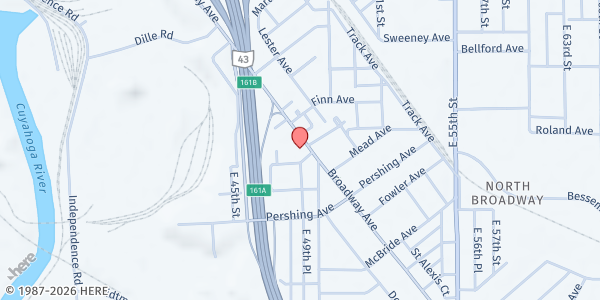 Map showing University Settlement - Food Distribution Center at 4800 Broadway Ave, Cleveland, OH