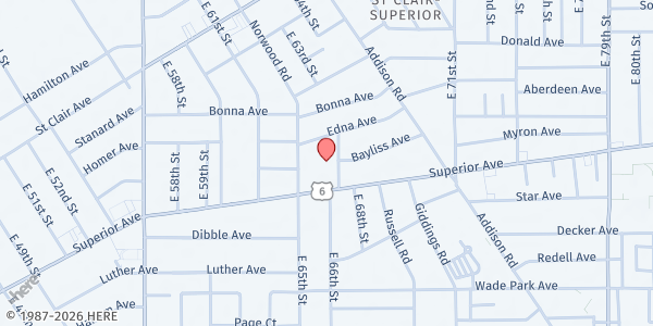 Map showing Victorious Women Helping Women Outreach Ministries at 6527 Superior Ave, Cleveland, OH