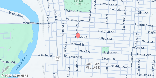 Map showing Gates Fourth UMC Community Meal Site at 119 E Gates St, Columbus, OH