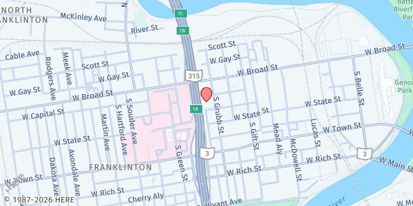 Map showing Holy Family Food Pantry & Soup Kitchen at 57 S Grubb St, Columbus, OH