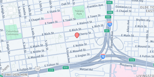 Map showing Mount Olivet Baptist Church - Food Distribution Center at 428 E Main St, Columbus, OH