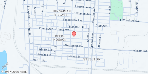 Map showing Southside Roots Community Meal at 280 REEB AVE, COLUMBUS, OH