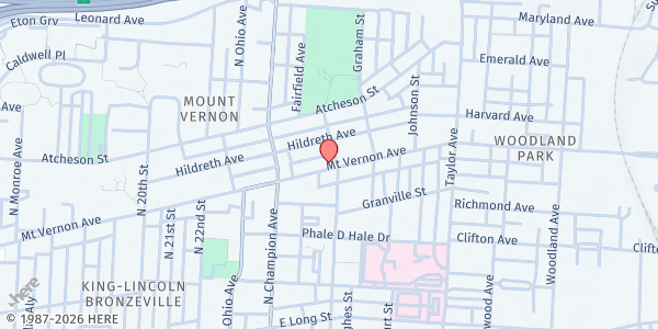 Map showing Unity Baptist Church - Meal Program Distribution at 1358 Mt. Vernon Ave, Columbus, OH