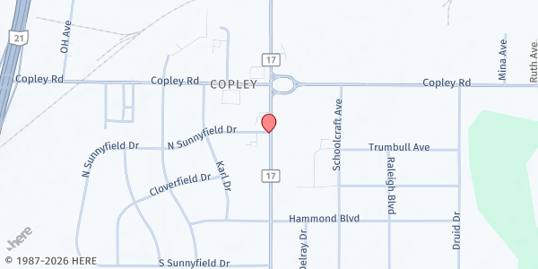 Map showing Copley Outreach Center Pantry at 1502 S Cleveland Massillon Rd, Copley, OH