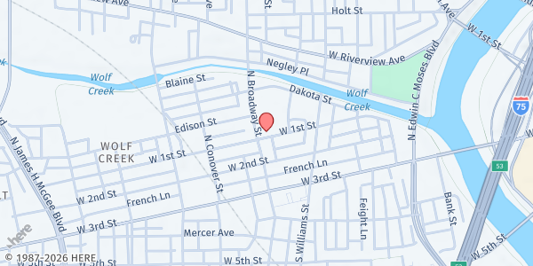Map showing Edison Elementary School Pantry at 228 N Broadway St, Dayton, OH
