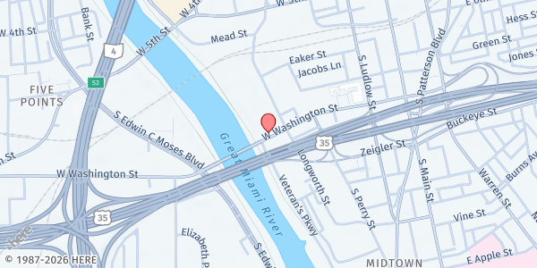 Map showing Emergency Foodbank - Food Distribution Center at 427 Washington St, Dayton, OH