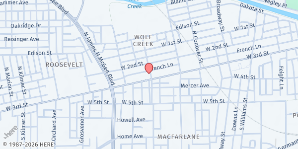 Map showing Mt. Enon Baptist Church at 1501 W. 3rd St., Dayton, OH