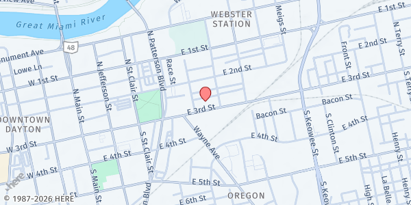 Map showing St. John's United Church of Christ at 515 E 3rd St, Dayton, OH