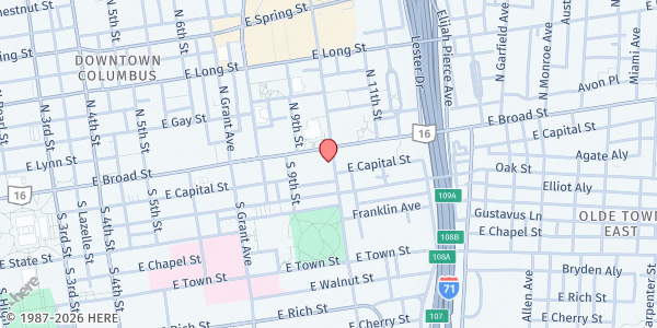 Map showing Broad Street United Methodist Church - Manna Cafe at 501 East Broad Street, Downtown, OH