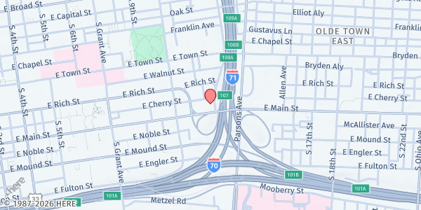 Map showing S.V.D.P. Downtown Service Center at 580 East Main Street, Downtown, OH