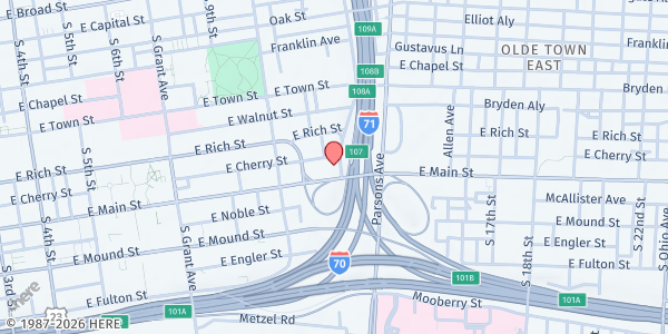 Map showing S.V.D.P. St. Vincent de Paul Volunteer Center, Downtown Service Center at 580 East Main Street, Downtown, OH