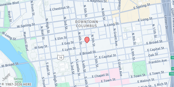 Map showing Southside Community Ministries - Main Distribution Center at 197 East Gay Street, Downtown, OH