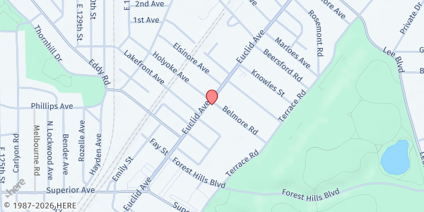 Map showing Stephanie Tubbs Jones Health Center at 13944 Euclid Ave, East Cleveland, OH