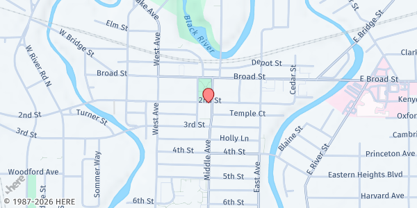 Map showing First Congregational Church of Elyria Pantry at 330 2ND ST, ELYRIA, OH