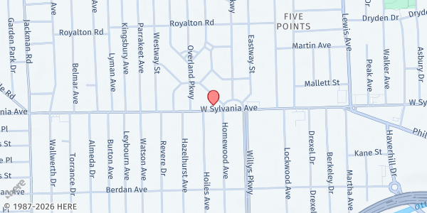 Map showing Augsburg Lutheran Church Feed Your Neighbor Program at 1342 West Sylvania Avenue, Five Points, OH