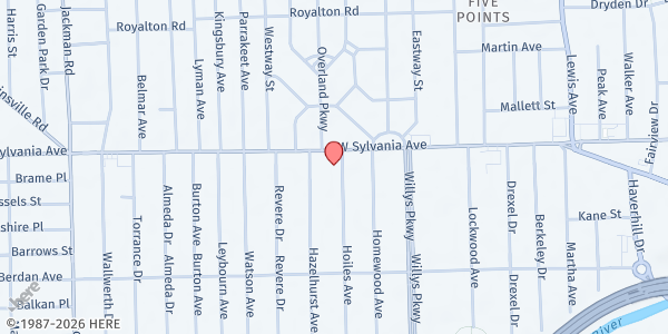 Map showing Pilgrim Church at 1375 West Sylvania Avenue, Five Points, OH