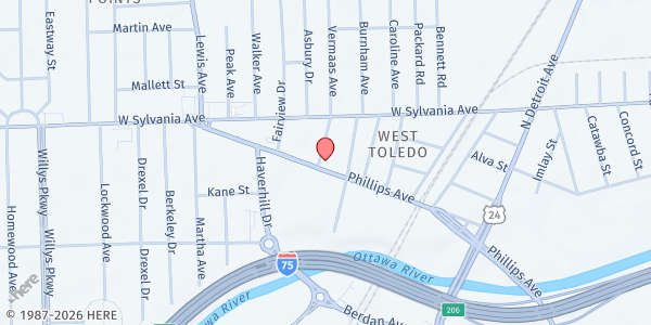 Map showing Toledo Gospel Rescue Mission Outreach Center at 670 Phillips Avenue, Five Points, OH