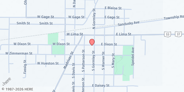 Map showing Forest/Wharton Community Food Pantry at Forest UMC at 111 E. Dixon St., Forest, OH