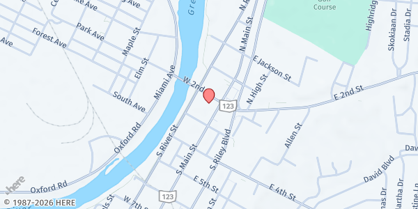 Map showing First Regular Baptist Church at 16 West Second Street, Franklin, OH